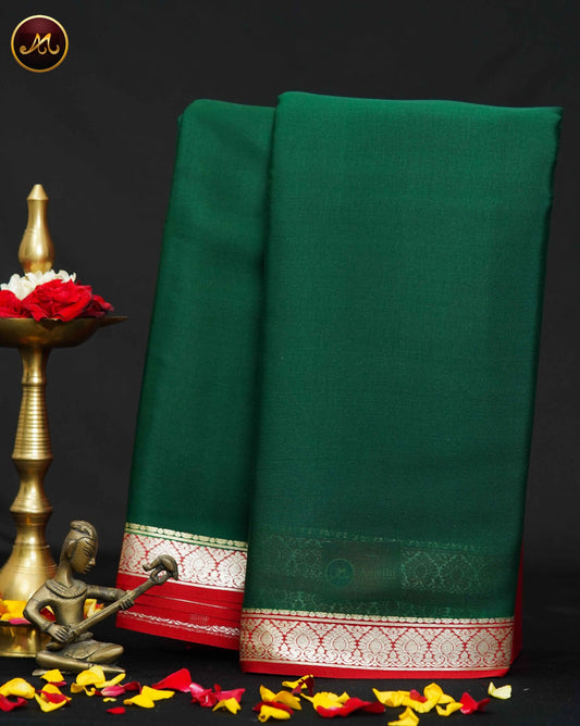 Mysore Crepe Silk saree with KSIC finish in self Moss Green and Red Combination with Silver Zari small Border and Chit Pallu