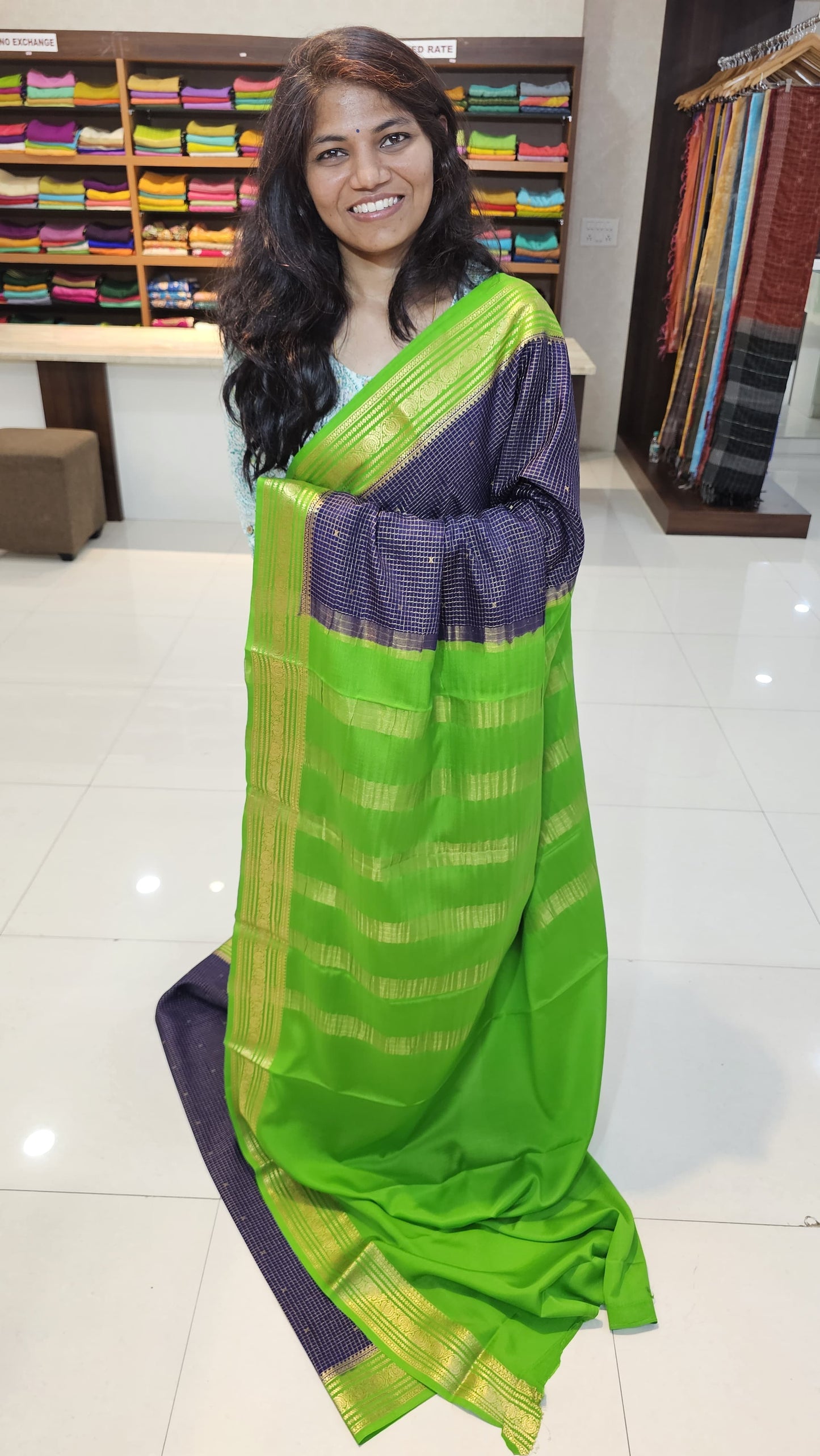 Mysore crepe silk saree with KSIC Finish in midnight Blue X Parrot green with Body checks