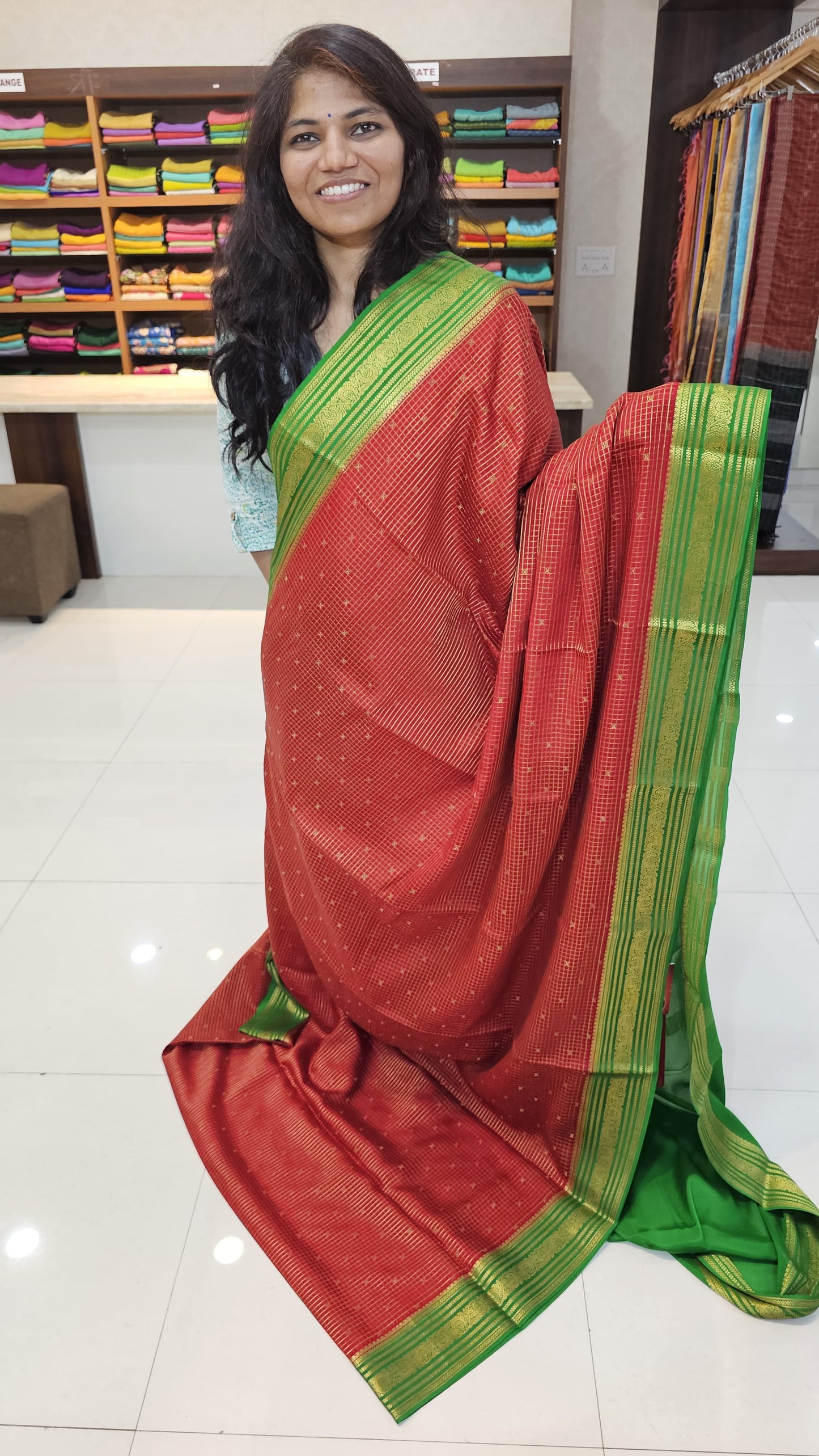 Mysore crepe silk mysore silk saree with KSIC Finish in Red x green with Body checks