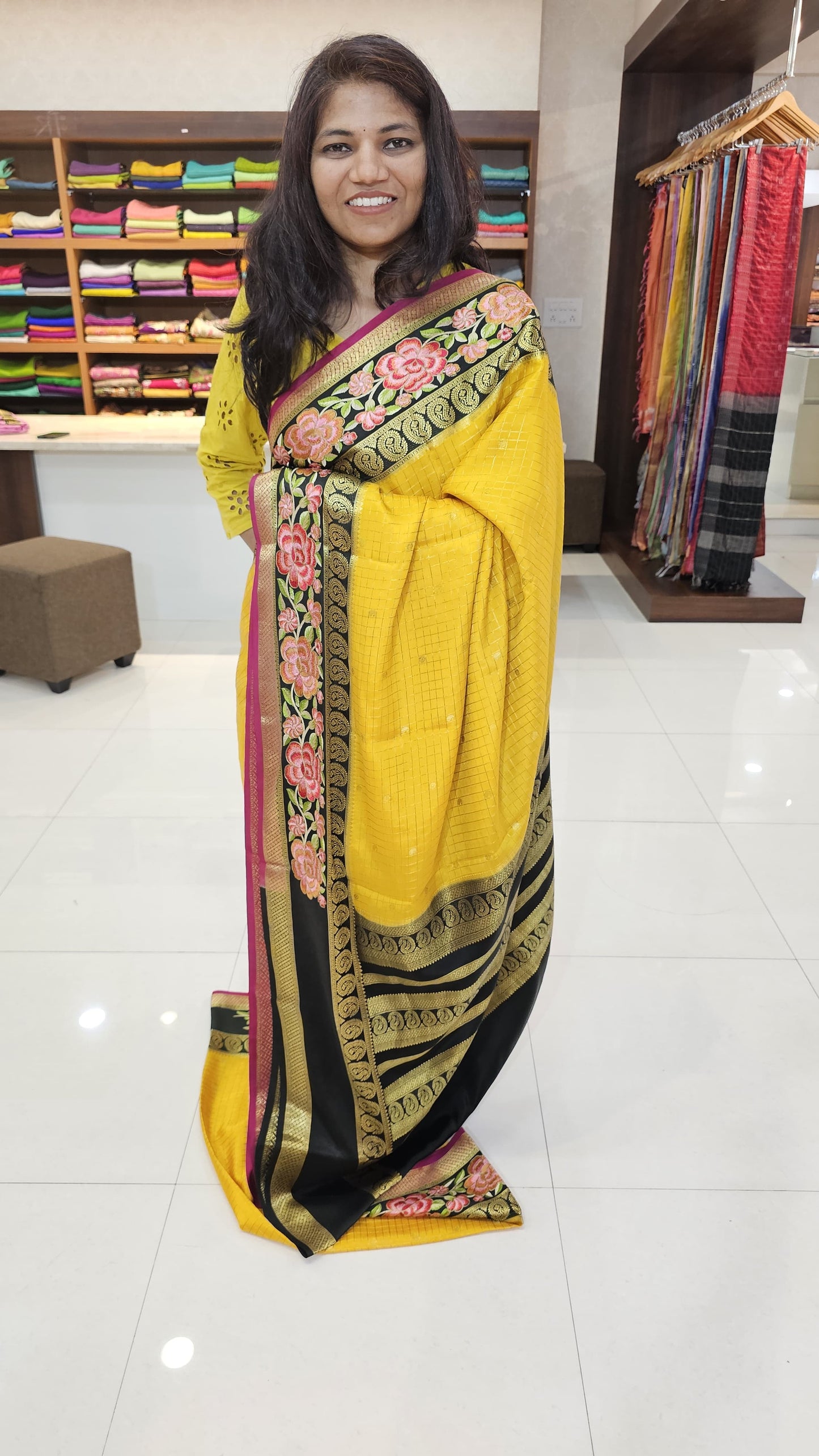 Mysore crepe silk saree with KSIC Finish in yellow with black 3 d checks pattern with embroidery