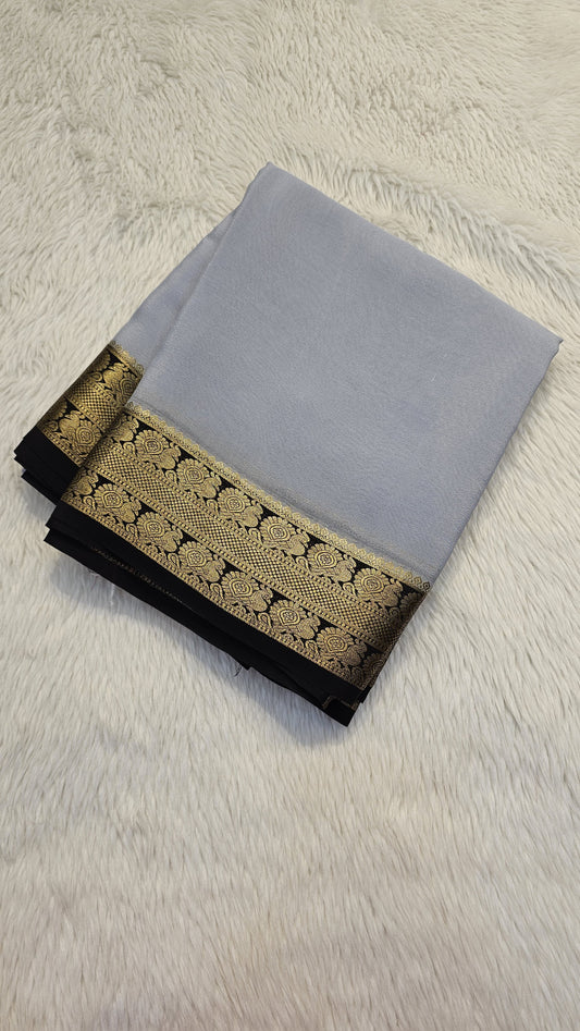 Mysore crepe silk saree with KSIC Finish in mist grey with black in peacock border