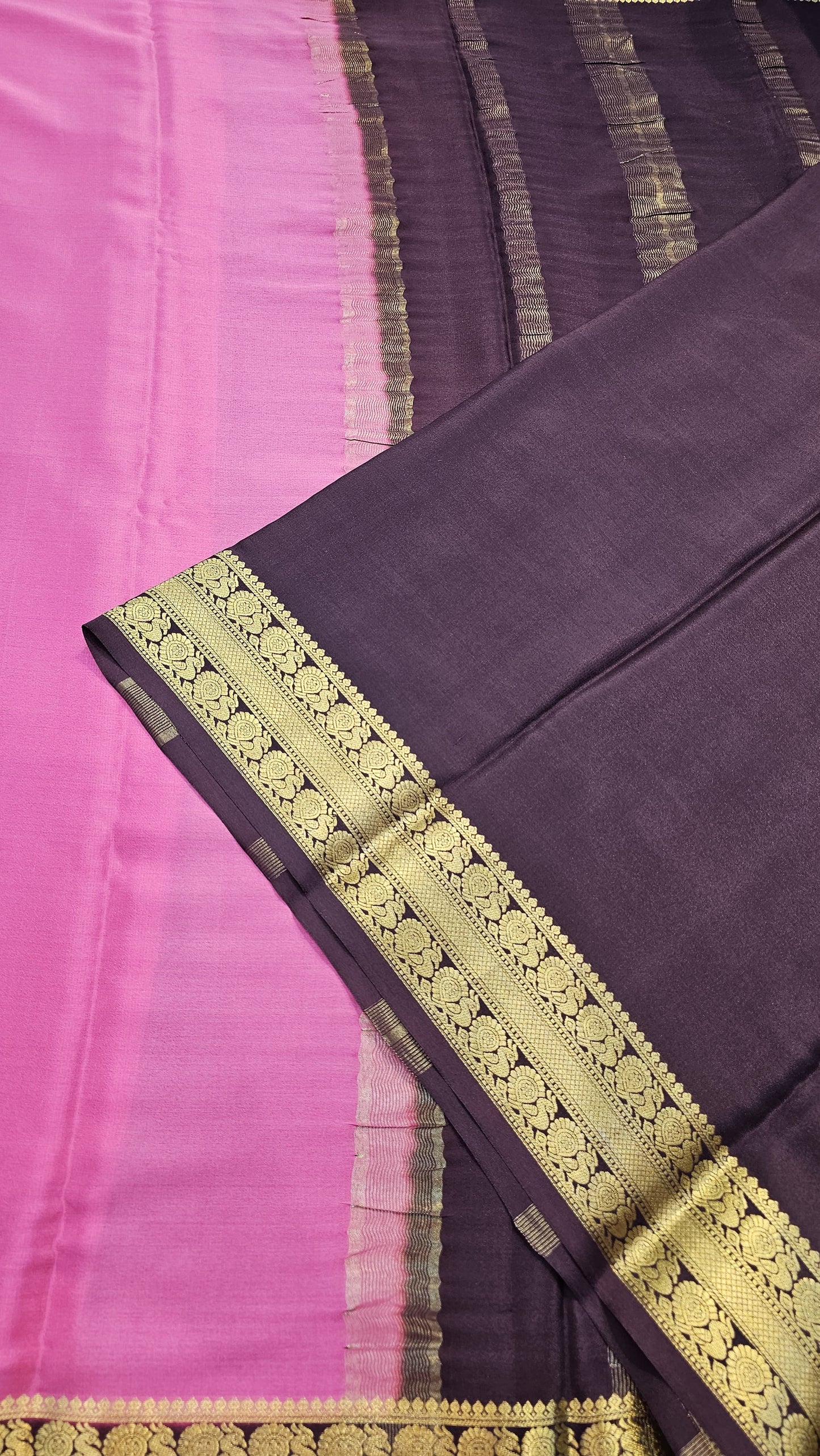 Mysore crepe silk saree with KSIC Finish in peach pink with brown in peacock border