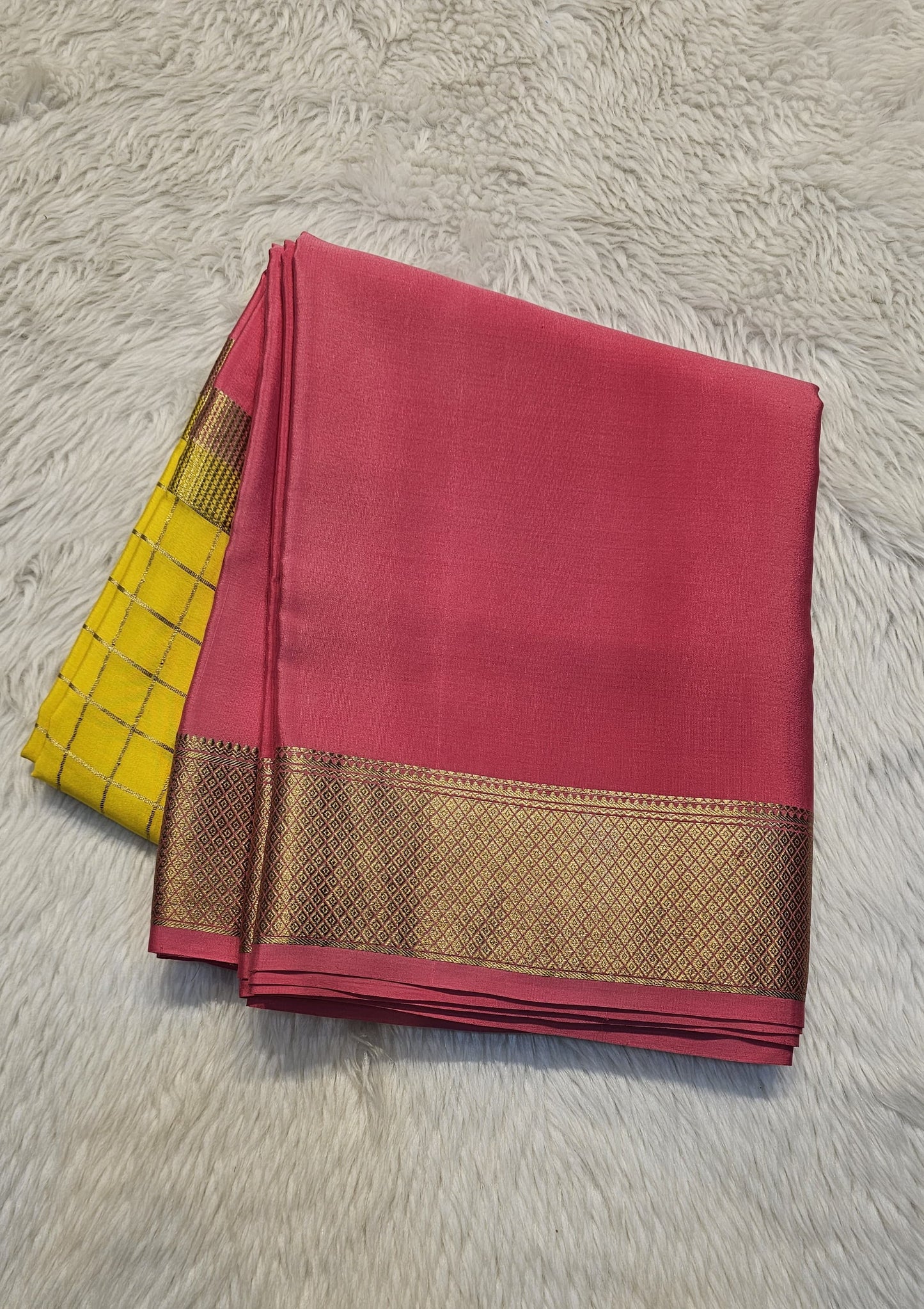 Mysore crepe silk saree with KSIC Finish in light pink with yellow in middle checks pattern