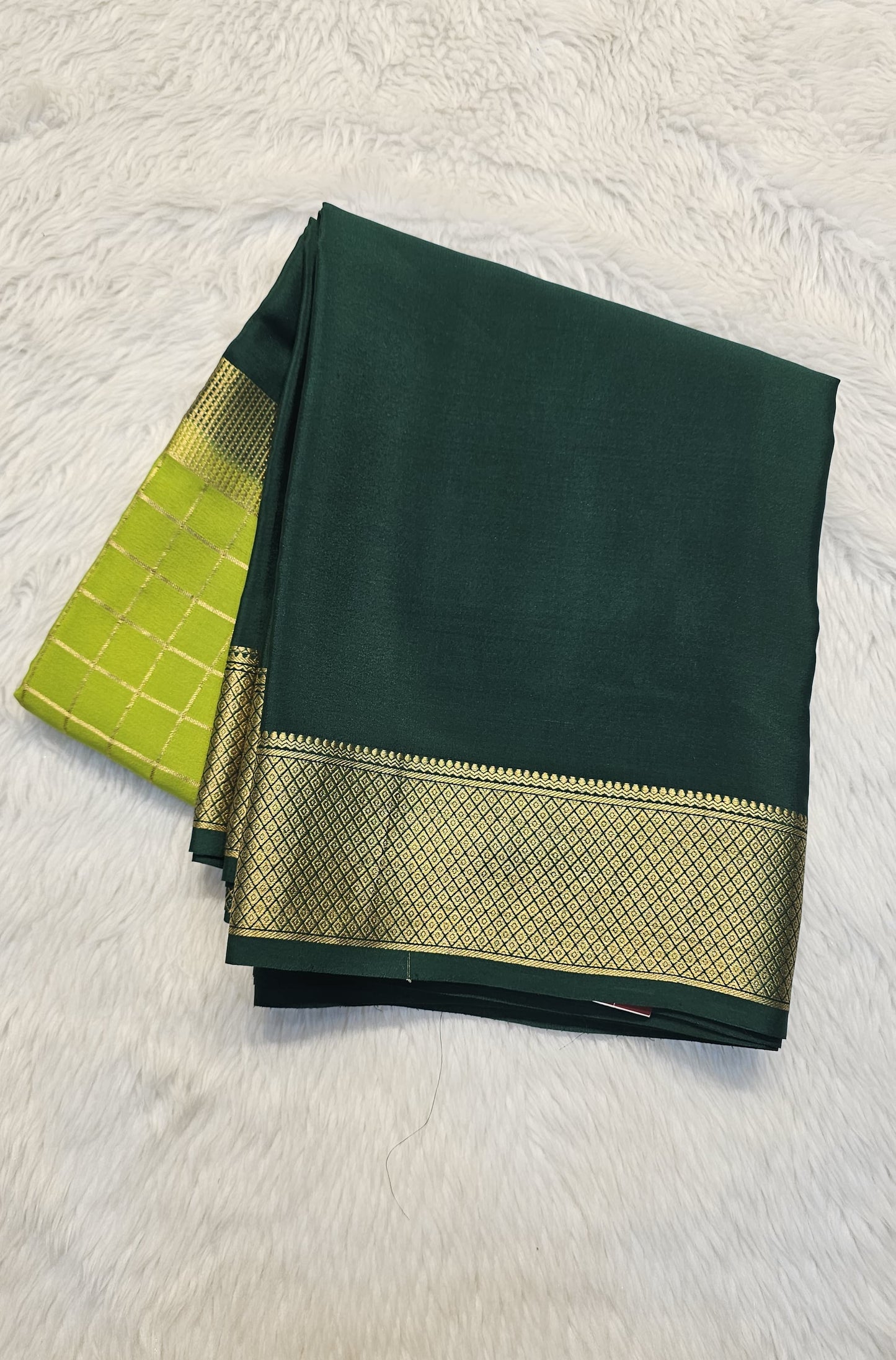 Mysore crepe silk saree with KSIC Finish in mehendi green with bottle green in middle checks pattern
