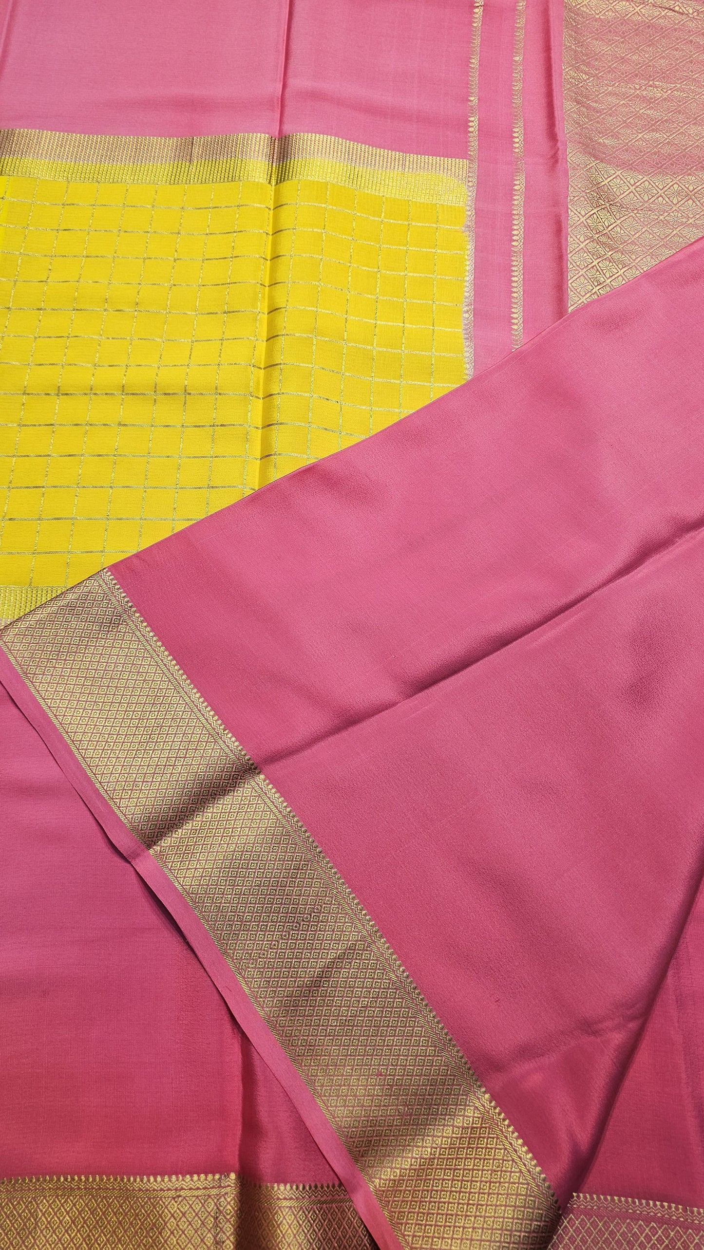 Mysore crepe silk saree with KSIC Finish in light pink with yellow in middle checks pattern