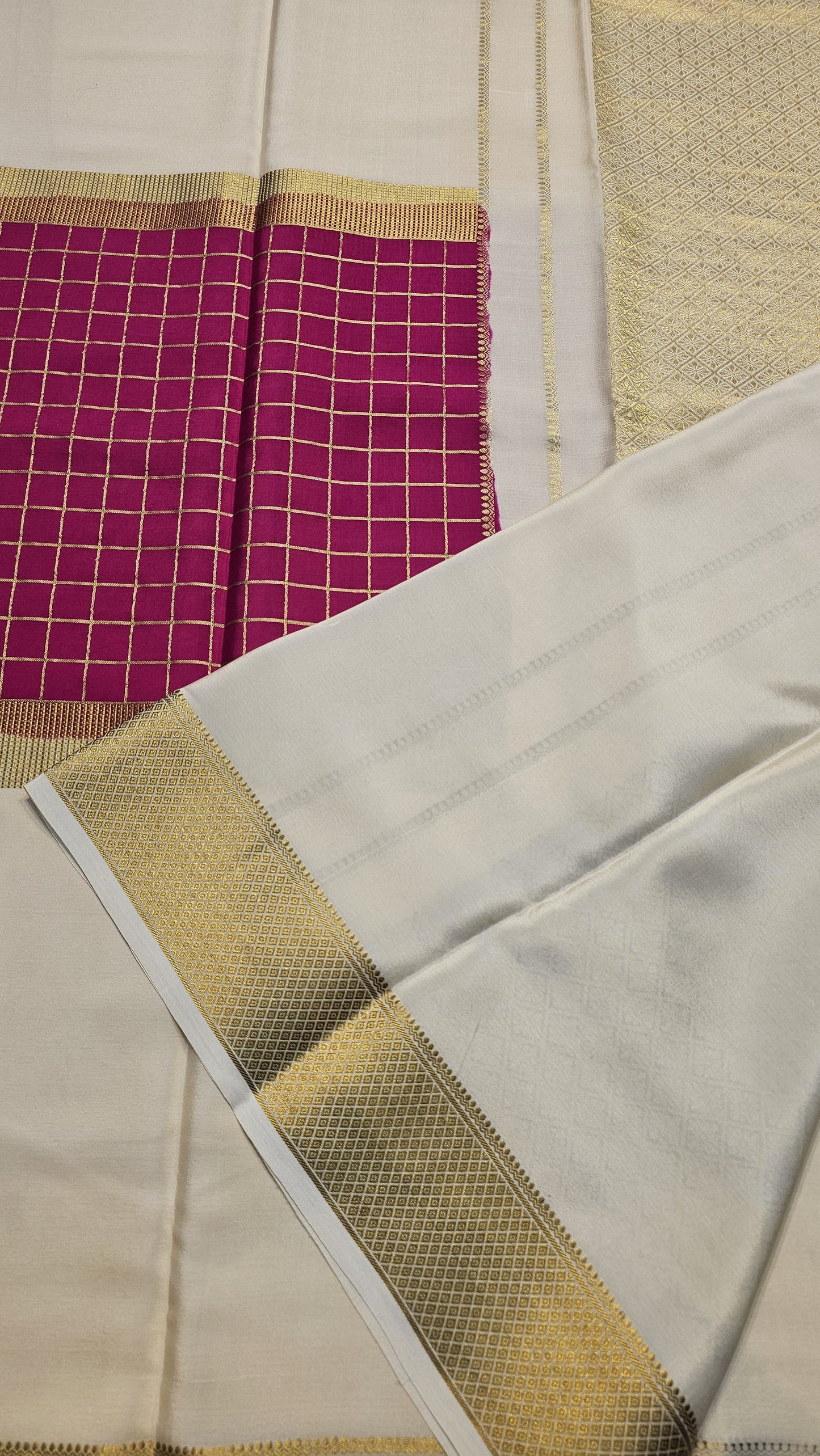 Mysore crepe silk saree with KSIC Finish in rani pink with cream in middle checks pattern