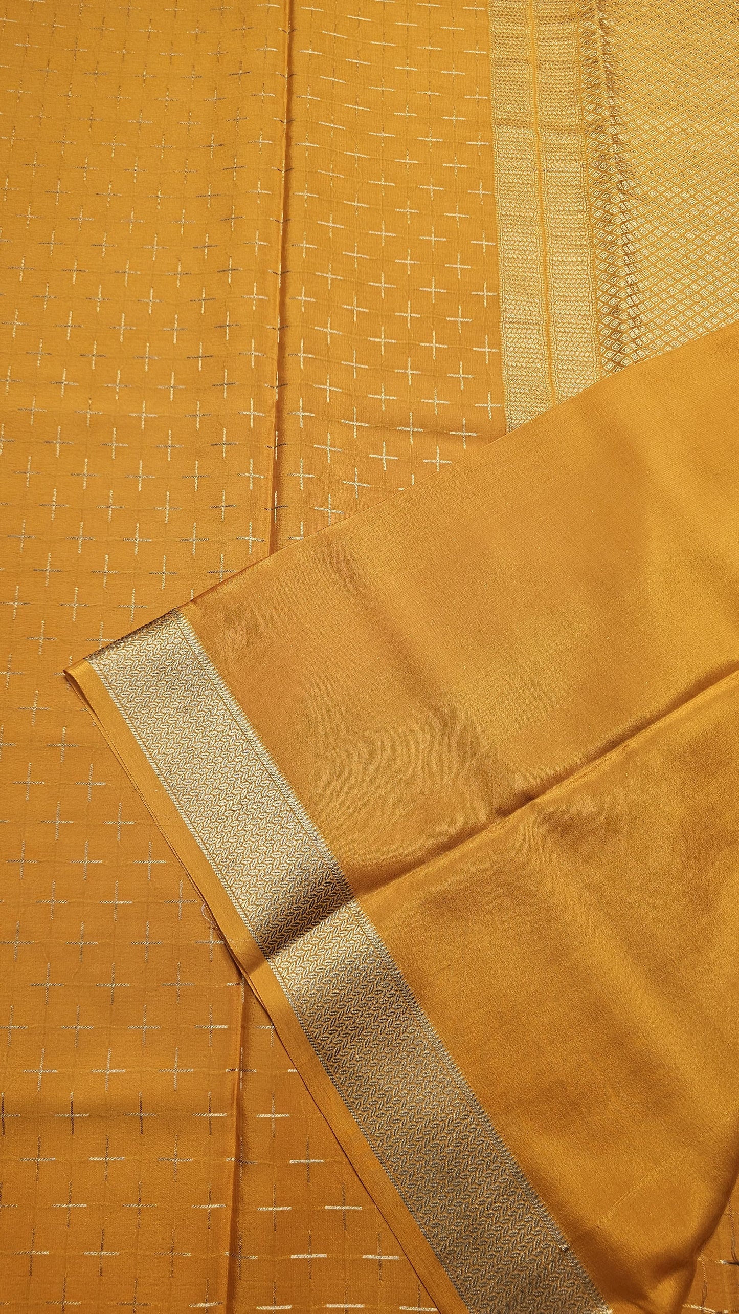 Mysore crepe silk saree with KSIC Finish in mango yellow in self checks pattern