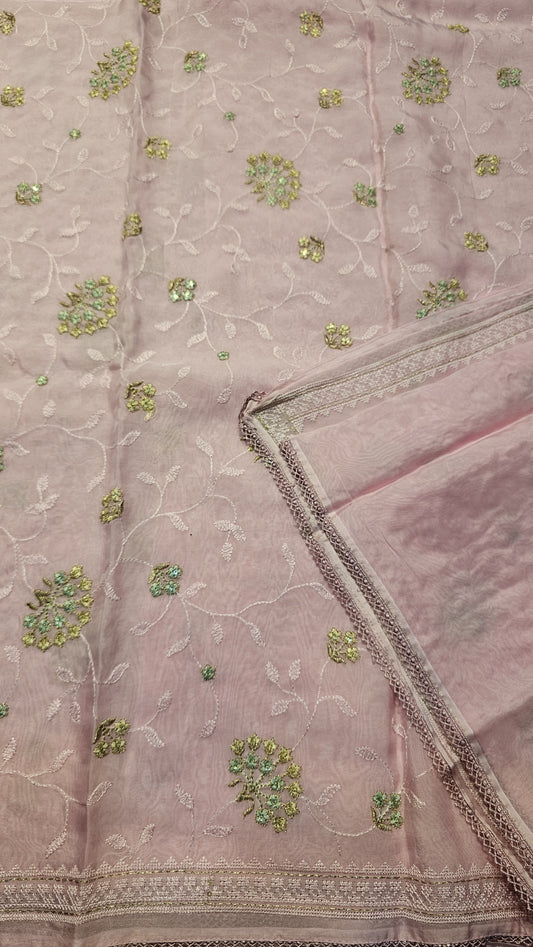 Semi organza fancy saree in candy pink self with allover embroidery work