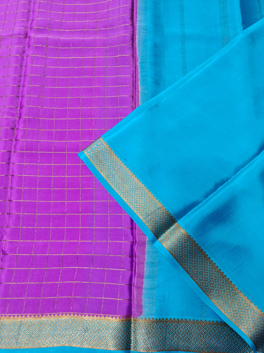 Mysore silk saree KSIC Finish in lavender with ananda blue checks pattern