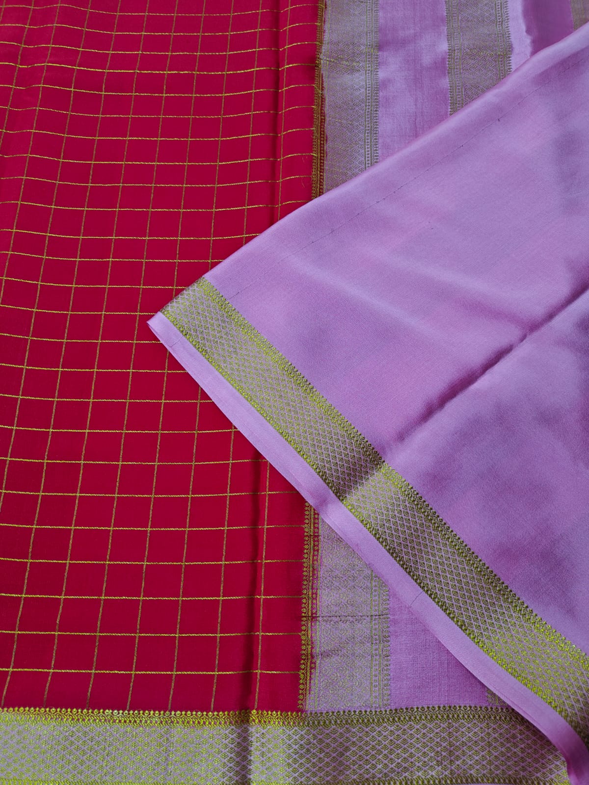 Mysore silk saree KSIC Finish in red with baby pink checks pattern