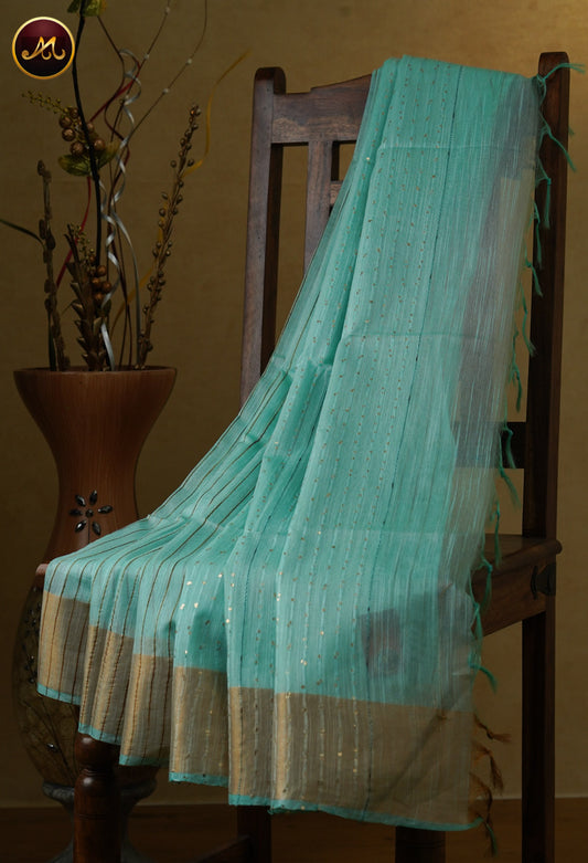 Bhagelpuri Cotton Saree in allself sky blue colour with sequence pallu and golden zari border