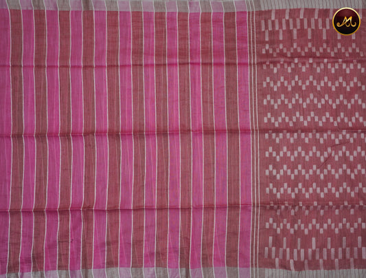 Bhagelpuri Cotton Saree in Pink and Pale Red Combination  with jute Pallu and silver zari border