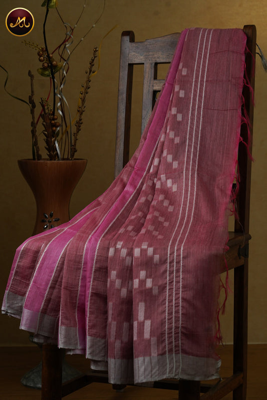 Bhagelpuri Cotton Saree in Pink and Pale Red Combination  with jute Pallu and silver zari border