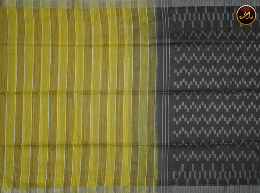 Bhagelpuri Cotton Saree in Lemon Yellow and Grey Combination  with jute Pallu and silver zari border