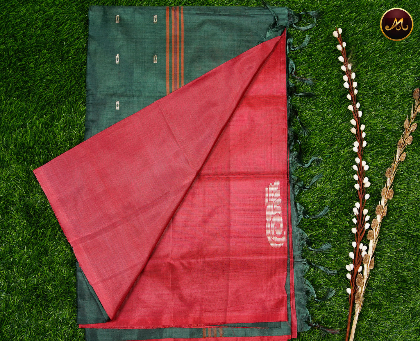 Banana Pith Saree in Maroon and Bottle Green combination with Thread Butta