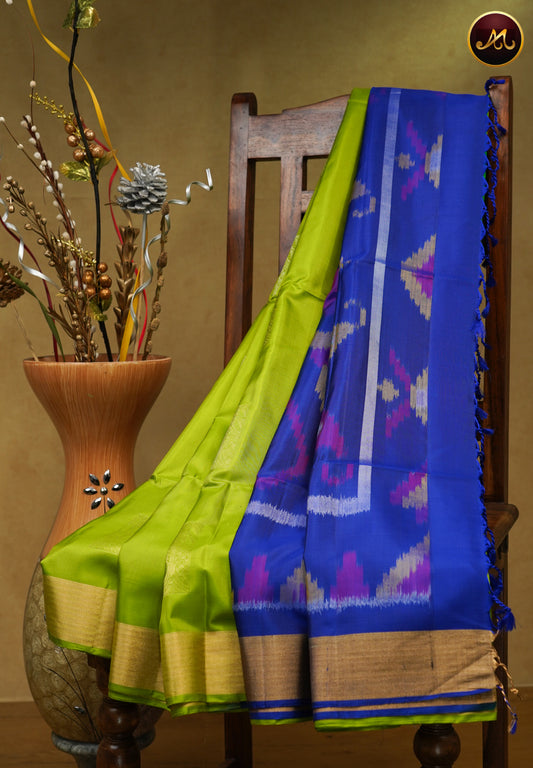 Handloom Soft silk Saree in Lime Green and Royal Blue combination with Silver and meena butta allover the body and Ikat Pallu and Gatti Zari Border