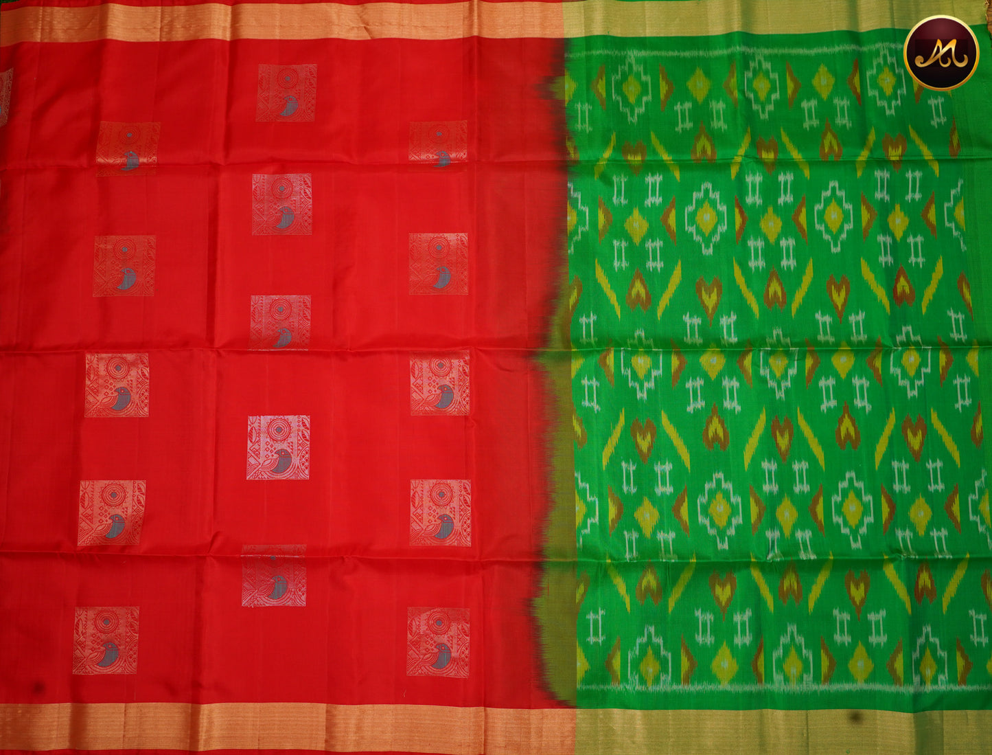 Handloom Soft silk Saree in Red and Green colour combination with gold and meena butta allover the body and Ikat Pallu and Gatti Zari Border