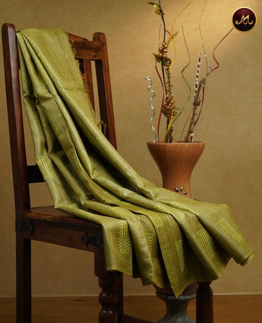 Pure tussar silk saree in all self olive green combination with silk thread work butta