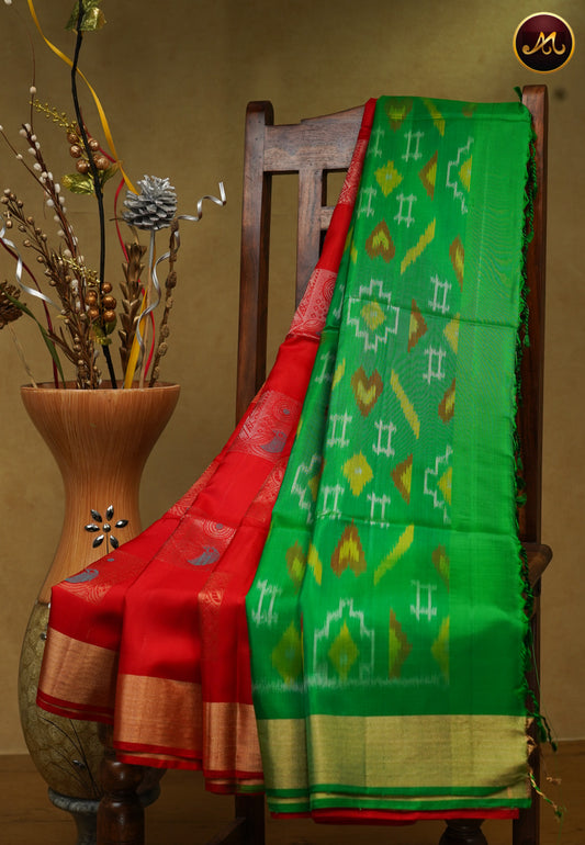 Handloom Soft silk Saree in Red and Green colour combination with gold and meena butta allover the body and Ikat Pallu and Gatti Zari Border