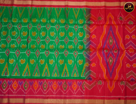 Handloom Soft Silk Ikat Saree in Leaf Green with Red combination