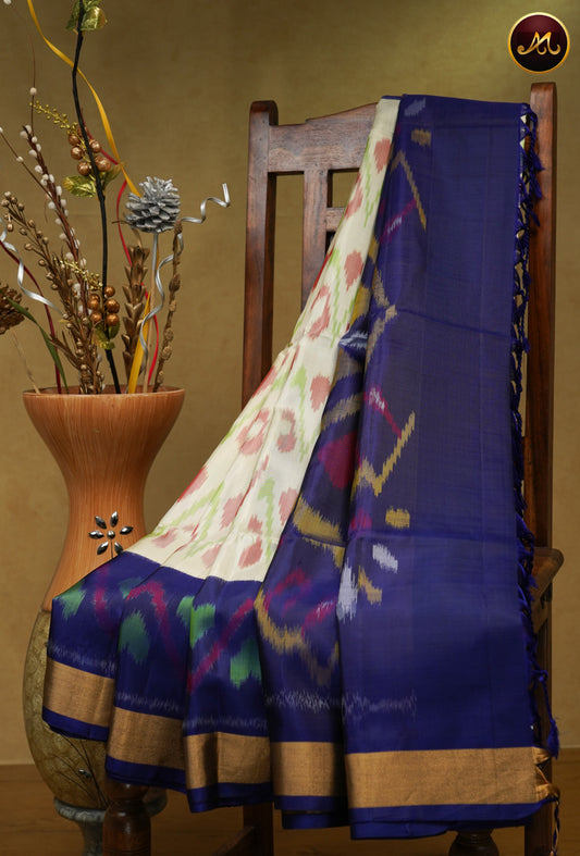 Handloom Soft Silk Ikat Saree in Cream with Navy Blue combination