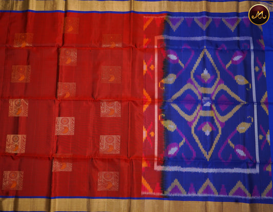 Handloom Soft Silk Saree in Brick Red with Royal Blue combination with Ikat Pallu and Gatti Zari Border