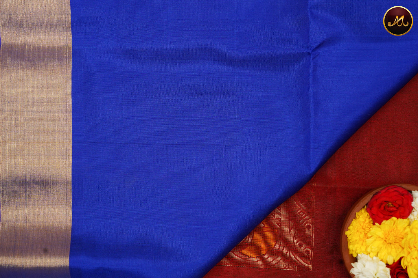 Handloom Soft Silk Saree in Brick Red with Royal Blue combination with Ikat Pallu and Gatti Zari Border