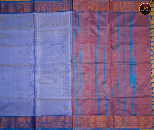 Banana Pith Saree in Light Blue and Dual shade of Maroon-Lavender combination with Thread Butta and Korvai Border
