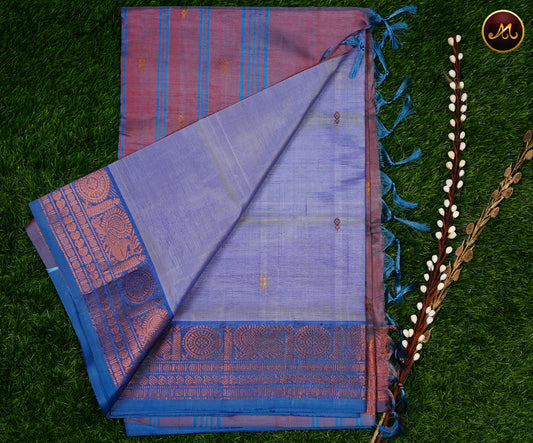 Banana Pith Saree in Light Blue and Dual shade of Maroon-Lavender combination with Thread Butta and Korvai Border