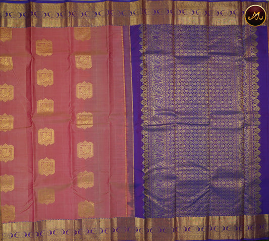 Kanchivaram Handloom Pure -Silk in Butta Pattern in Baby Pink  And Purple combination with Gold Zari  Border