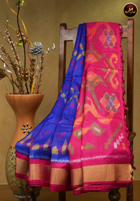 Handloom Soft Silk Ikat Saree in Ink Blue with Rani Pink combination