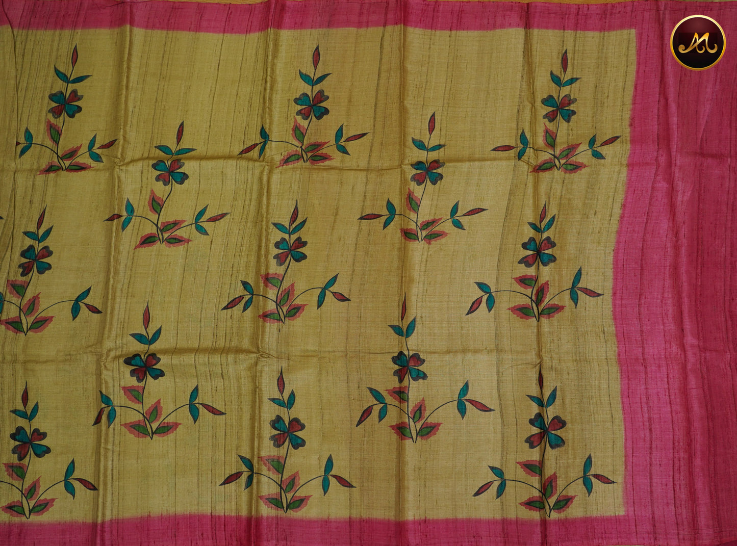 Pure tussar silk saree in olive green with rani pink combination with hand brushed design all over the body