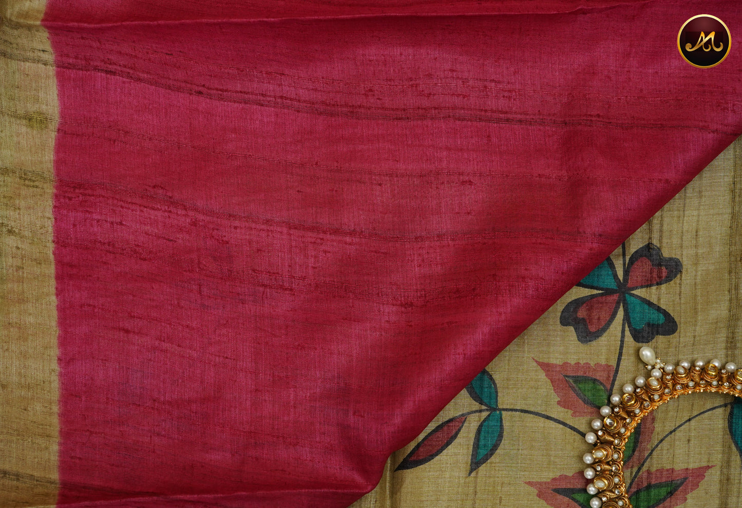 Pure tussar silk saree in olive green with rani pink combination with hand brushed design all over the body