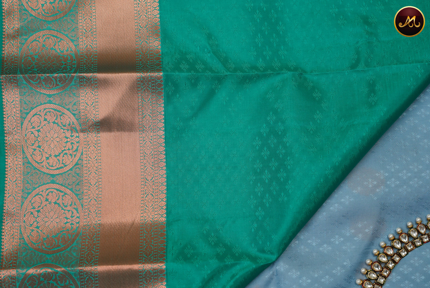 Kanchipuram Semi-Silk Sarees in Ash Blue and Teal Combination with Emboss work allover the Body  and copper zari border and Rich Pallu