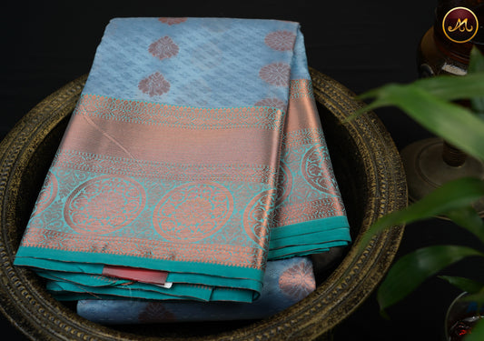 Kanchipuram Semi-Silk Sarees in Ash Blue and Teal Combination with Emboss work allover the Body  and copper zari border and Rich Pallu