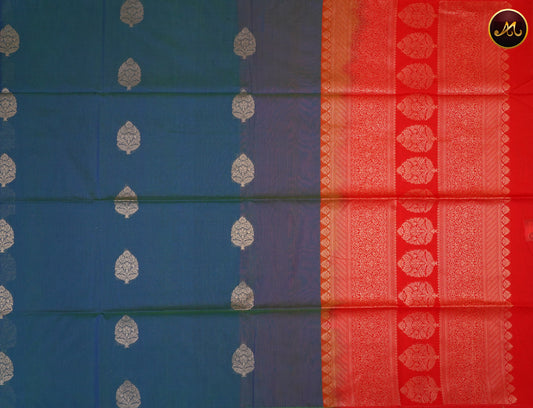 Cotton Silk Saree in  Navy Blue And Red  Combination with Copper Zari Butta and Rich Pallu