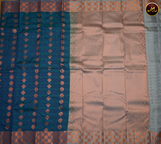 Kanchipuram Semi-Silk Sarees in Peacock Blue with Stone Blue Combination with Emboss work allover the Body  and copper zari border and Rich Pallu