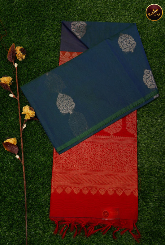 Cotton Silk Saree in  Navy Blue And Red  Combination with Copper Zari Butta and Rich Pallu