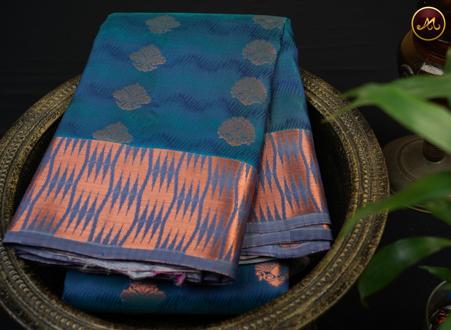Kanchipuram Semi-Silk Sarees in Peacock Blue with Stone Blue Combination with Emboss work allover the Body  and copper zari border and Rich Pallu