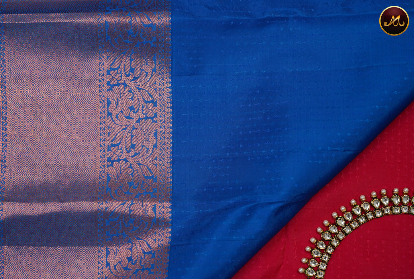 Kanchipuram Semi-Silk Sarees in Rani Pink  with Ananda Blue Combination with Emboss work allover the Body  and copper zari border and Rich Pallu