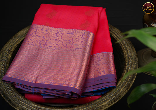 Kanchipuram Semi-Silk Sarees in Rani Pink  with Ananda Blue Combination with Emboss work allover the Body  and copper zari border and Rich Pallu