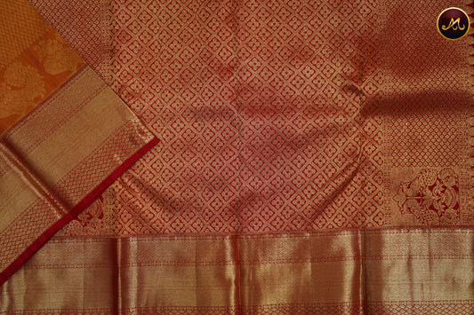 Kanchivaram Handloom Pure Silk in Brocade Pattern in Mustard Yellow  And Redcombination with Gold Zari Long  Border and Rich Pallu