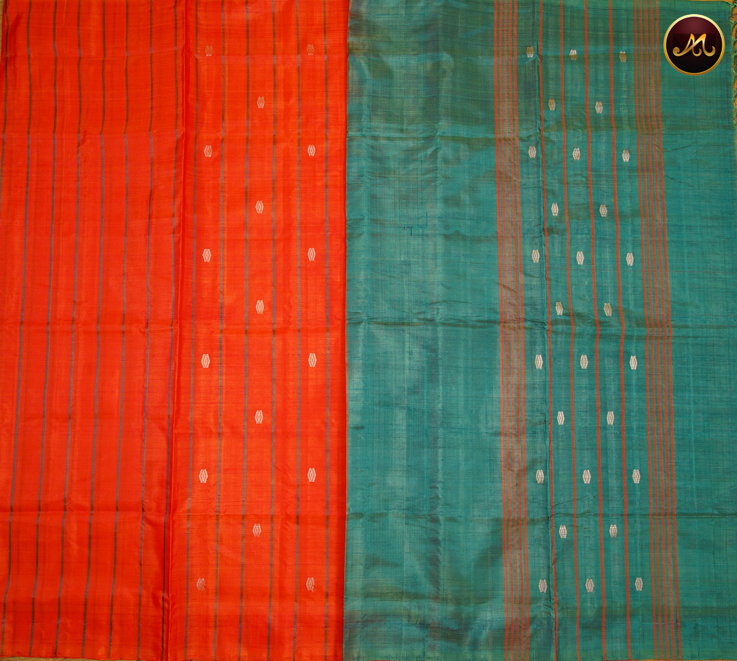 Banana Pith Saree in Orange and Leaf Green combination with Thread Butta and Stripes allover the body