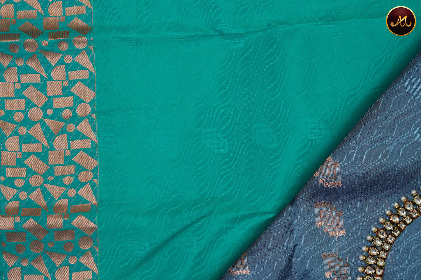 Kanchipuram Semi-Silk Sarees in Ash Blue  with Teal Combination with Emboss work allover the Body  and copper zari border and Rich Pallu