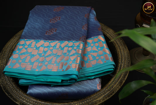 Kanchipuram Semi-Silk Sarees in Ash Blue  with Teal Combination with Emboss work allover the Body  and copper zari border and Rich Pallu