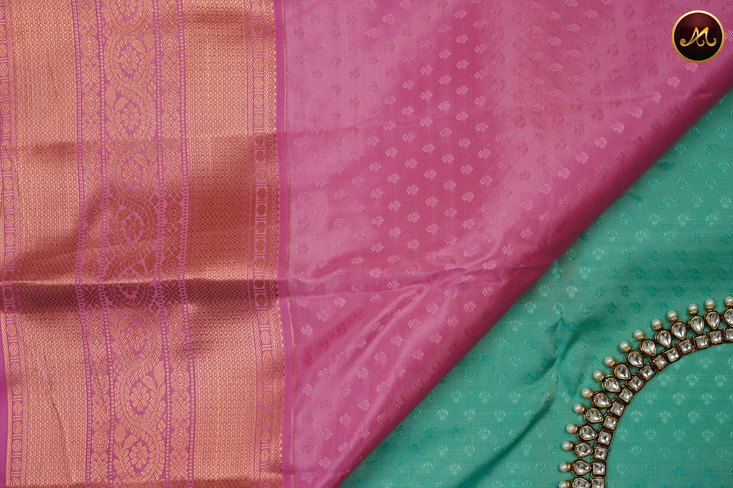 Kanchipuram Semi-Silk Sarees in Aqua Green with Baby Pink Combination with Emboss work allover the Body  and copper zari border and Rich Pallu