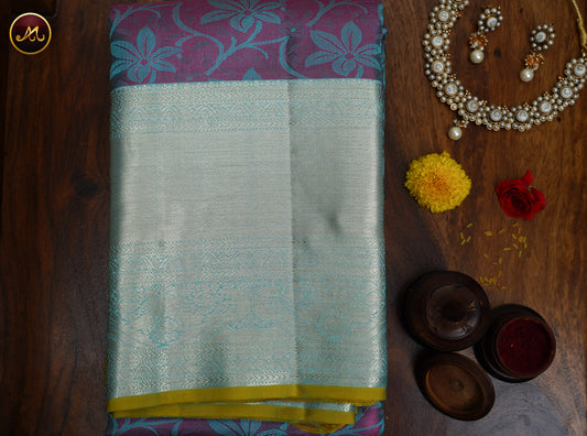 Kanchivaram Handloom Pure Silk in emboss Pattern in dual shade Sky-blue and pink   And  Mustard Yellow combination with Silver Zari  Border and Rich Pallu