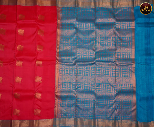 Kanchipuram Semi-Silk Sarees in Cherry Red  with Ananda Blue Combination with Emboss work allover the Body  and copper zari border and Rich Pallu