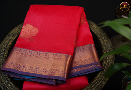 Kanchipuram Semi-Silk Sarees in Cherry Red  with Ananda Blue Combination with Emboss work allover the Body  and copper zari border and Rich Pallu