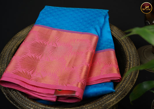 Kanchipuram Semi-Silk Sarees in Ananda Blue with Baby Pink Combination with Emboss work allover the Body  and copper zari border and Rich Pallu